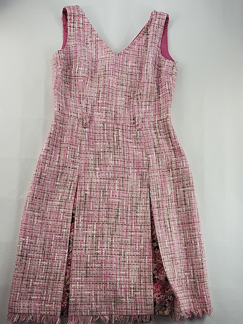 David Meister Pink Tweed Pleated Fringe Hem Sleeveless Dress Size 6